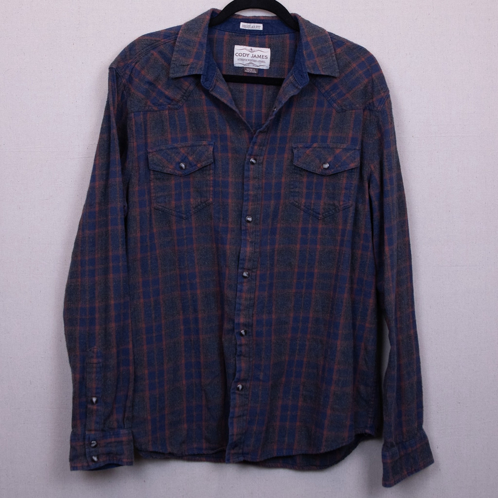 Cody James flannel plaid navy and red casual button down shirt-L